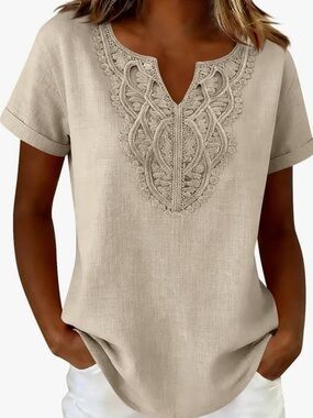 Embroidered V-Neck Tunic Top - Cream